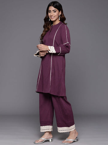 Varanga Women Violet Cotton Lace Detailed Co-Ord Set